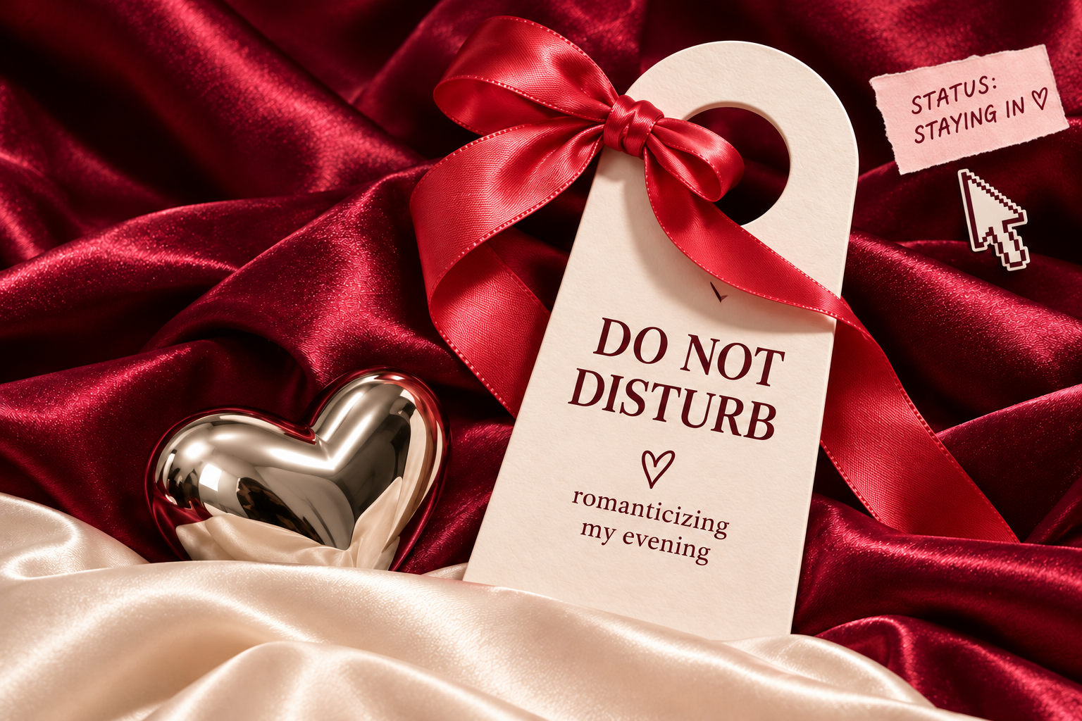 Burgundy satin, a ribbon-tied do-not-disturb doorhanger and heart-shaped decor.