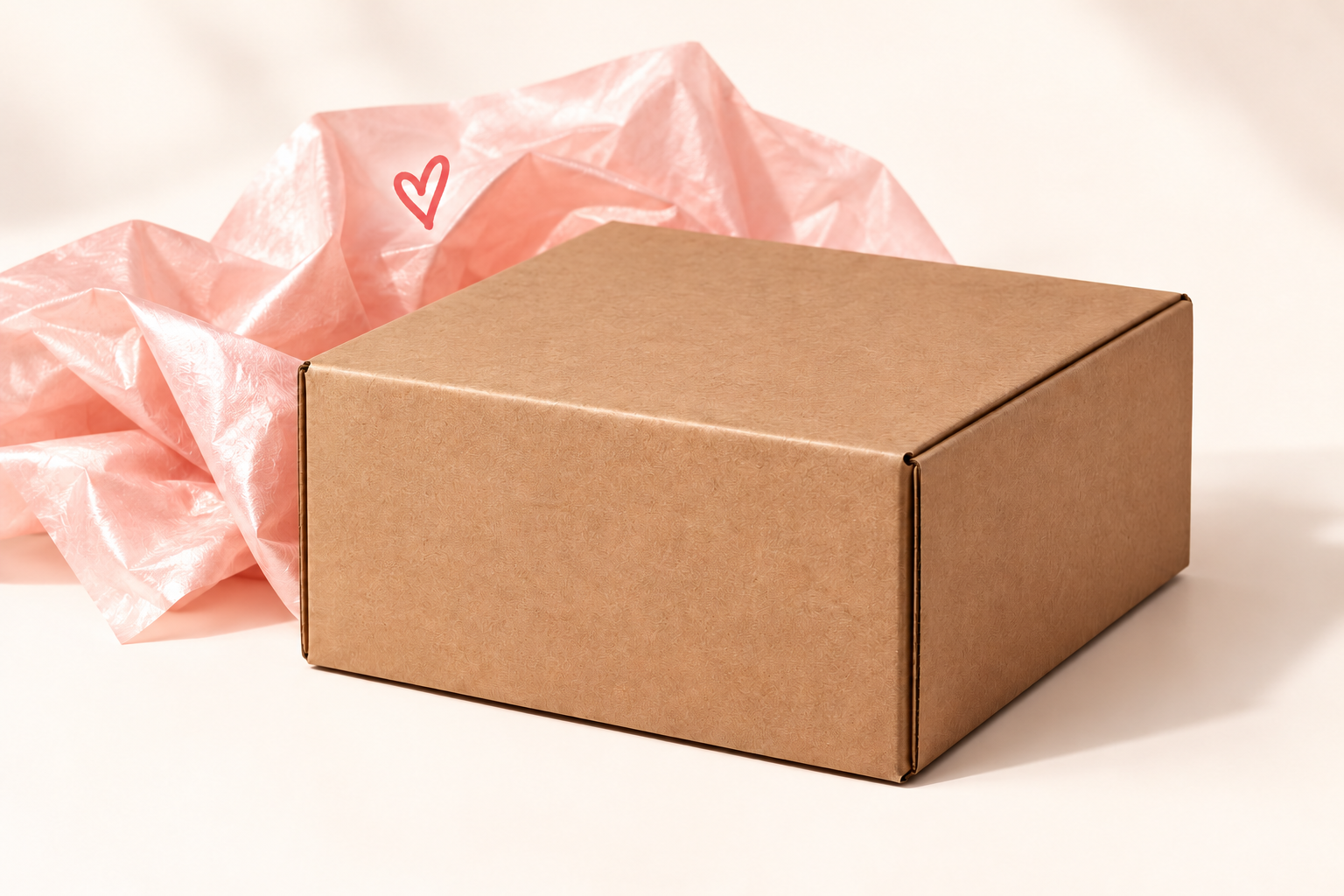 Plain cardboard shipping box with blush tissue paper.